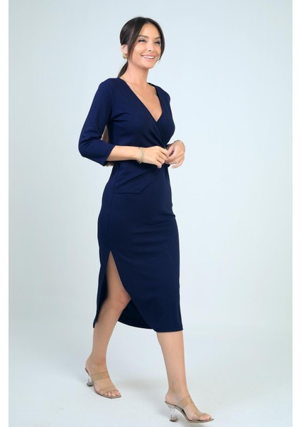 Kadın Kruvaze Yaka Toka Detaylı Yırtmaçlı Midi Elbise modelleri