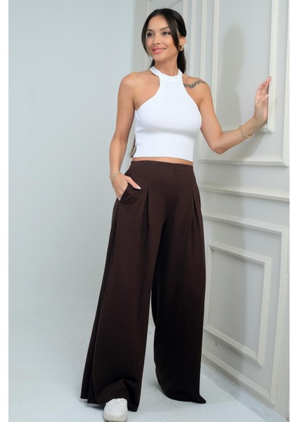 Kadın Beli Lastikli Cepli Önü Pileli Bol Paça Osyho Pantolon