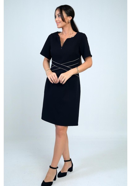 Kadın Kendinden Telalı Biyeli Önü Fermuar Detaylı Kısa Elbise modelleri