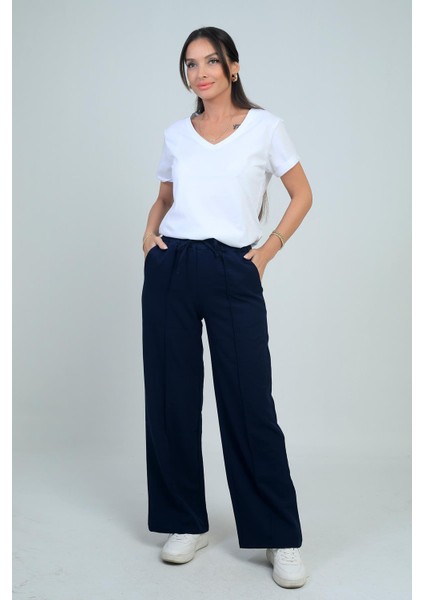 Kadın Beli Lastikli Bağcıklı Yandan Cepli Palazzo Pantolon