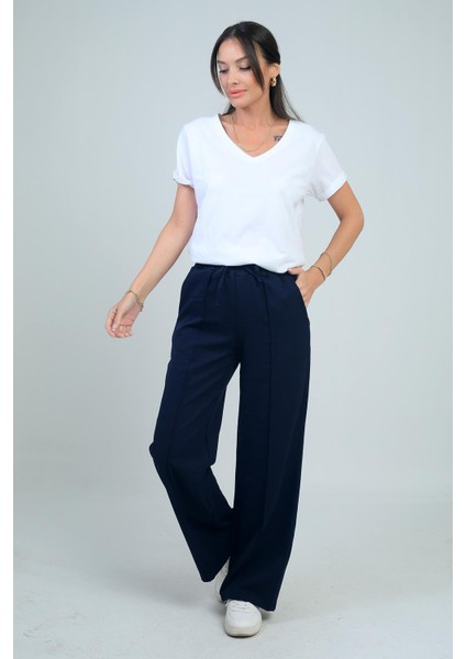 Kadın Beli Lastikli Bağcıklı Yandan Cepli Palazzo Pantolon modelleri