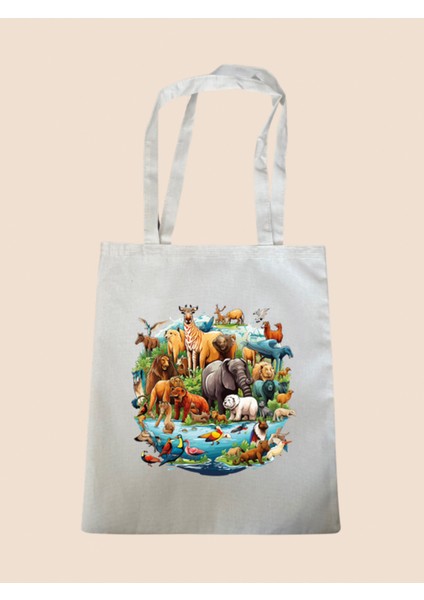 Hayvanlar Alemi Baskılı Bez Çanta