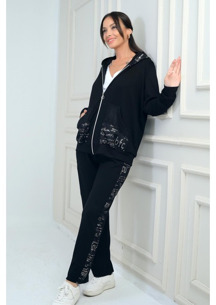 Kadın Kapüşonlu Önü Fermuarlı Cepleri Taşlı File Detaylı Hırka Beli Lastikli Pantolon Yazılı Osyho Kumaş 2'li Takım