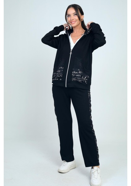 Kadın Kapüşonlu Önü Fermuarlı Cepleri Taşlı File Detaylı Hırka Beli Lastikli Pantolon Yazılı Osyho Kumaş 2'li Takım fiyatları