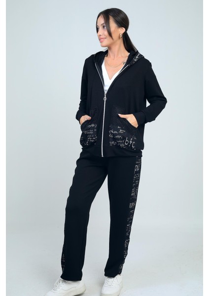 Kadın Kapüşonlu Önü Fermuarlı Cepleri Taşlı File Detaylı Hırka Beli Lastikli Pantolon Yazılı Osyho Kumaş 2'li Takım modelleri