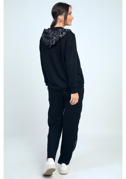 Kadın Kapüşonlu Önü Fermuarlı Cepleri Taşlı File Detaylı Hırka Beli Lastikli Pantolon Yazılı Osyho Kumaş 2'li Takım fırsatları