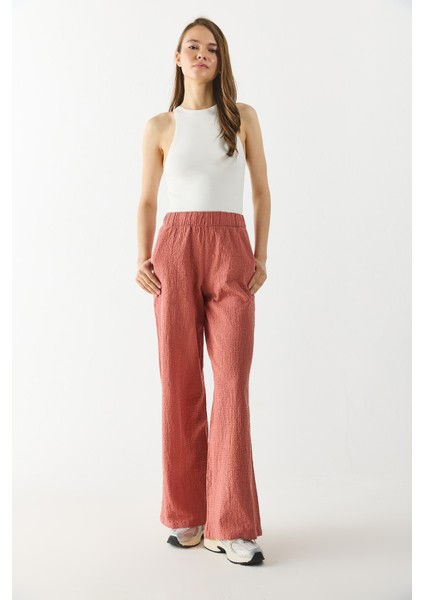 Beli Lastikli Pamuklu Krinkle Pantolon-Kiremit