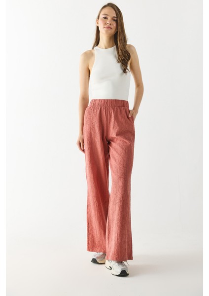 Beli Lastikli Pamuklu Krinkle Pantolon-Kiremit modelleri