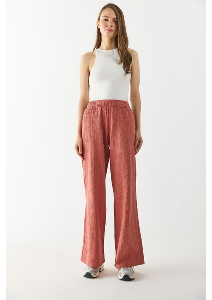 Beli Lastikli Pamuklu Krinkle Pantolon-Kiremit fırsatları