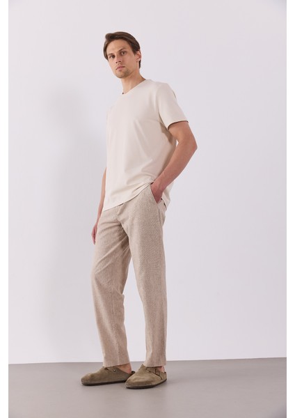 Ken Beli Lastikli Lycra Keten Chino Pantolon-Kahve Çizgili modelleri