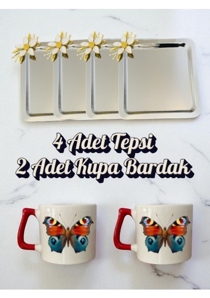 4'lü Papatyalı Tepsi Kahve Sunum Tepsisi 21X21 cm - 2'li Kelebekli Kahve Bardağı Kupa Bardak