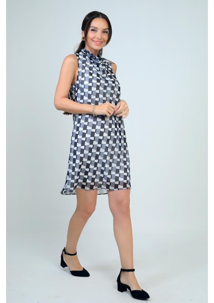 Kadın Degaje Yaka Astarlı Desenli Kısa Şifon Elbise fiyatları