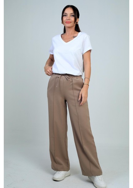 Kadın Beli Lastikli Bağcıklı Yandan Cepli Palazzo Pantolon modelleri