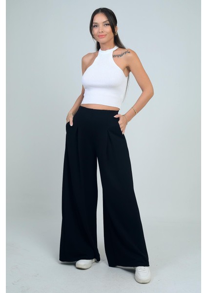 Kadın Beli Lastikli Cepli Önü Pileli Bol Paça Osyho Pantolon