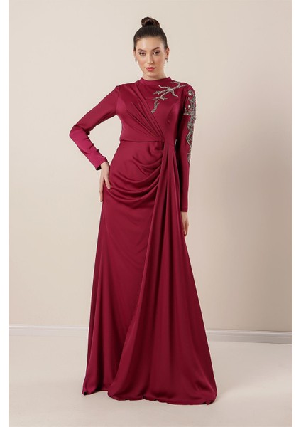 Taş İşlemeli Önü Büzgülü Astarlı Krep Saten Tesettür Elbise