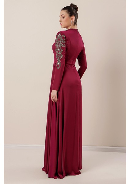 Taş İşlemeli Önü Büzgülü Astarlı Krep Saten Tesettür Elbise