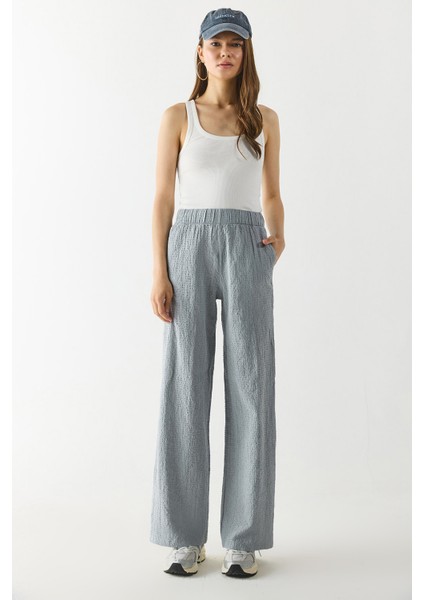 Beli Lastikli Pamuklu Krinkle Pantolon-Gri
