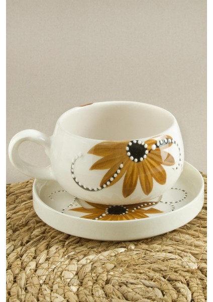 Ayçiçek Desenli Seramik Tabaklı Kupa