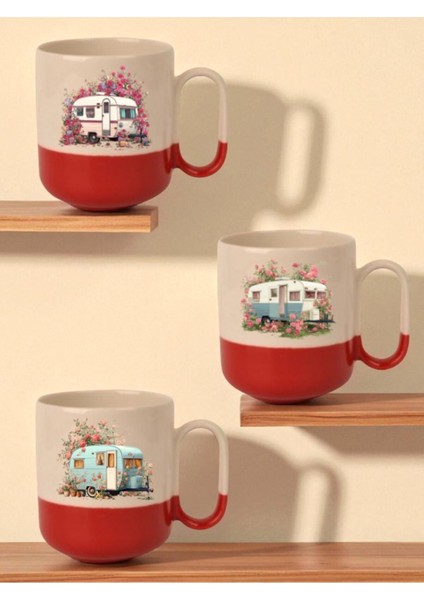 Gül ve Karavan Baskılı Kırmızı Tabanlı 3'lü Kupa Bardak - Su Bardakları, Kişiye Özel Kupa