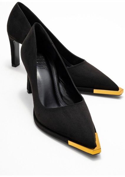 Lıora Siyah Süet altın Detaylı Kadın Blok Topuklu Topuklu Ayakkabı