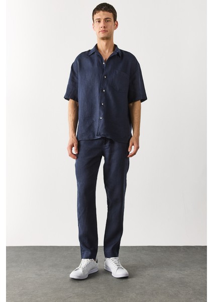 Ken Beli Lastikli Keten Chino Pantolon-Lacivert