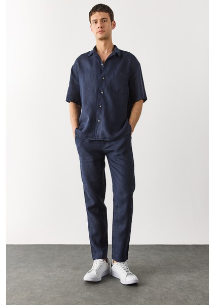 Ken Beli Lastikli Keten Chino Pantolon-Lacivert fiyatları