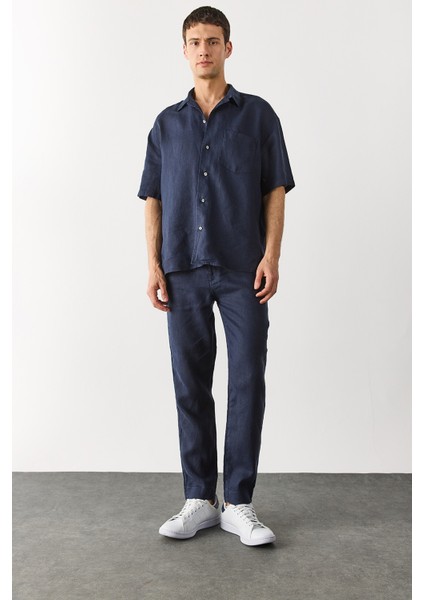 Ken Beli Lastikli Keten Chino Pantolon-Lacivert modelleri