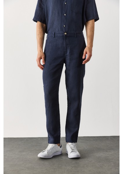Ken Beli Lastikli Keten Chino Pantolon-Lacivert fırsatları