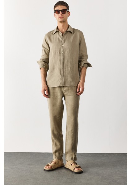 Ken Beli Lastikli Keten Chino Pantolon-Haki fiyatları