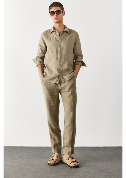 Ken Beli Lastikli Keten Chino Pantolon-Haki modelleri