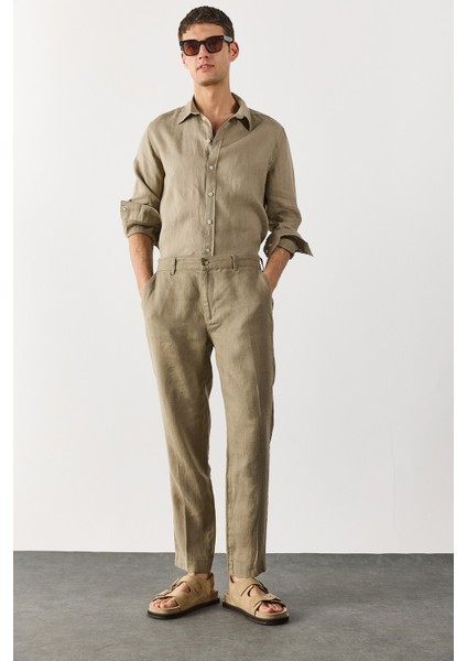 Ken Beli Lastikli Keten Chino Pantolon-Haki fırsatları