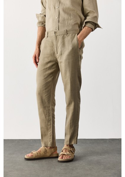 Ken Beli Lastikli Keten Chino Pantolon-Haki indirimleri