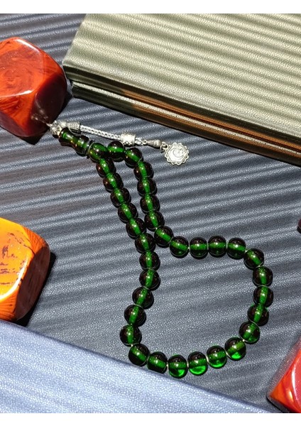 Yeşil Renkli Çubuk Kehribar Tesbih Küre Kesim