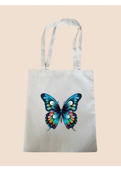 Kelebek Baskılı Bez Çanta - Büyük Boy Kadın Omuz Çantası