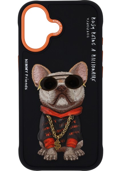 iPhone 17 Uyumlu 3D Gözlük Zincir Köpek Detaylı Nakış Işlemeli Kabartmalı Cool Glasses Kılıf