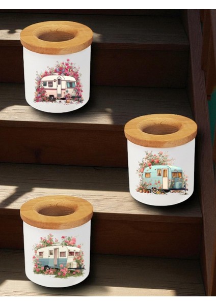 Gül ve Karavan Baskılı 3'lü Masaüstü Kalemlik Kalem Kutusu - Ev Mutfak Ofis Işyeri Eşyası