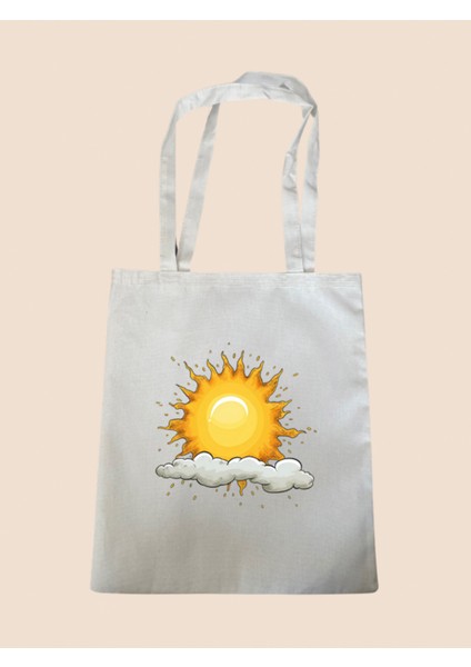 Güneş ve Bulut Baskılı Bez Çanta - Büyük Boy Kadın Omuz Çantası