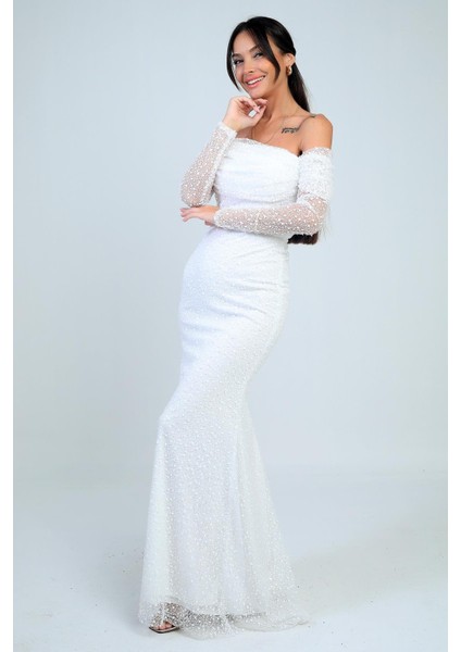 Kadın Uzun Kollu Pulpayet Göğüs Drapeli Astarlı Tasarım Elbise fiyatları