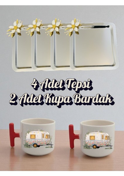 4'lü Papatyalı Tepsi Kahve Sunum Tepsisi 21X21 cm - 2'li Karavanlı Kırmızı Kulplu Kahve Bardağı