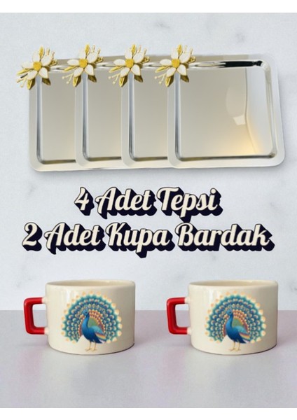 4'lü Papatyalı Tepsi Kahve Sunum Tepsisi 21X21 cm - 2'li Tavus Kuşulu Küçük Kahve Bardağı Kupa