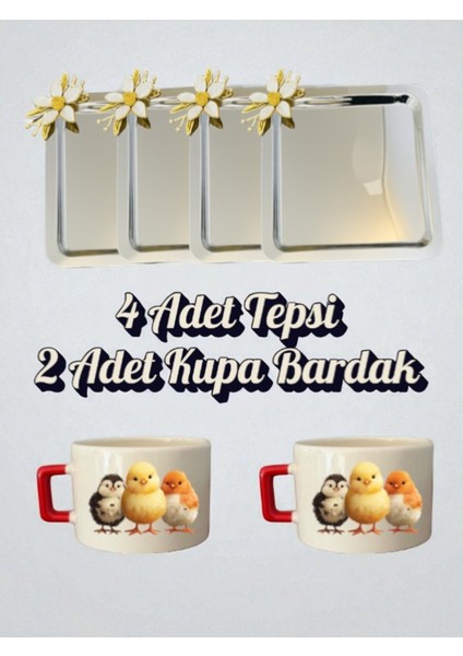 4'lü Papatyalı Tepsi Kahve Sunum Tepsisi 21X21 cm - 2'li Civcivli Küçük Kahve Bardağı Kupa