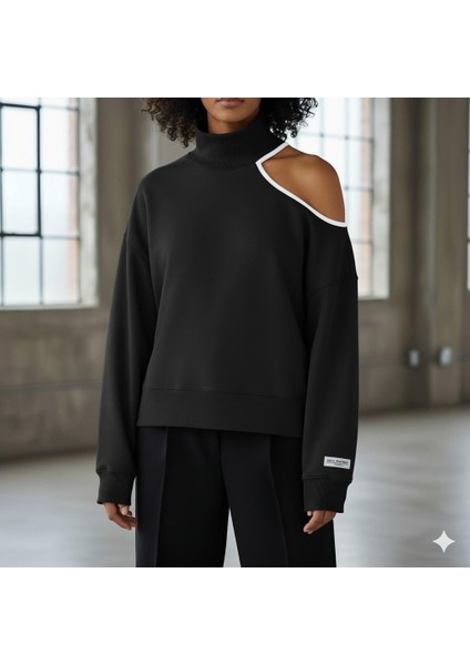 Modern Açık Omuz (Tek Omuz) Balıkçı Yaka Kadın Sweatshirt - Siyah Rengi