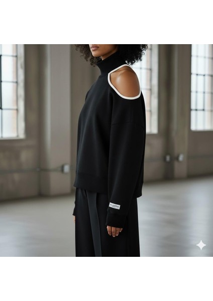 Modern Açık Omuz (Tek Omuz) Balıkçı Yaka Kadın Sweatshirt - Siyah Rengi fiyatları