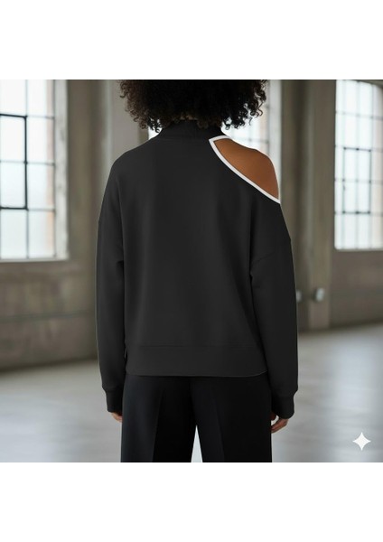 Modern Açık Omuz (Tek Omuz) Balıkçı Yaka Kadın Sweatshirt - Siyah Rengi modelleri
