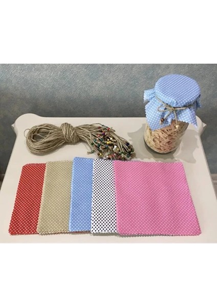 50 Adet Karışık Renkli Puantiyeli Kavanoz Kapağı Kumaşı (Örtüsü) ve Boncuklu Bağlama Ipi