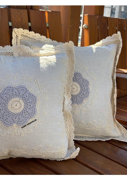 Dantel Detaylı Krem Dekoratif 2 Li Kırlent Kılıfı – El Işlemeli Vintage Yastık Kılıfı 40X40 cm