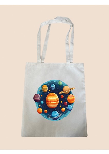 Evren ve Gezegenler Temalı Bez Çanta - Büyük Boy Kadın Omuz Çantası