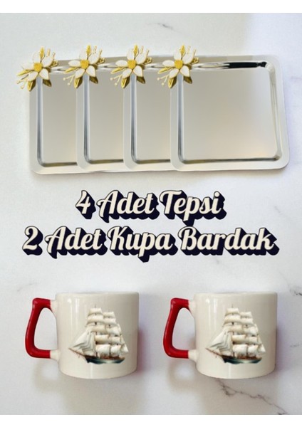 4'lü Papatyalı Tepsi Kahve Sunum Tepsisi 21X21 cm - 2'li Gemili Kahve Bardağı Kupa Bardak