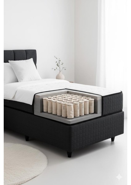 Nova Yatak 80X180 Tek Kişilik - 25 cm Paket Yaylı Ortopedik, Orta Sert, Antrasit, Pamuklu Kumaş