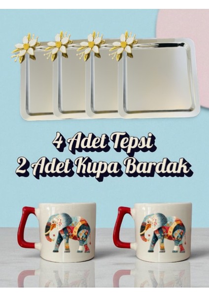 4'lü Papatyalı Tepsi Kahve Sunum Tepsisi 21X21 cm 2'li Filli Kahve Bardağı Kupa Bardak